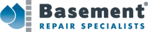 Basement Repair Specialists logo featuring a blue water droplet and text emphasizing expertise in basement waterproofing and repair services.
