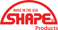 Logo of Shape Products, featuring red text with "Made in the USA" tagline, relevant to Basement Repair Specialists' egress window installation services.