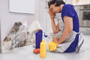 Close-up Of A Shocked Woman Looking At Mold On Wall