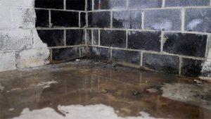 Water pooling on basement floor with damp, cracked walls, highlighting the need for effective basement waterproofing solutions.