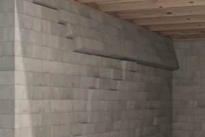 Bowed basement walls showing uneven stacking of concrete blocks, indicating structural issues requiring stabilization with wall anchors.