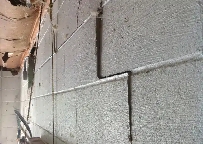 Cracked basement wall showing structural damage, emphasizing the need for foundation repair and waterproofing solutions.