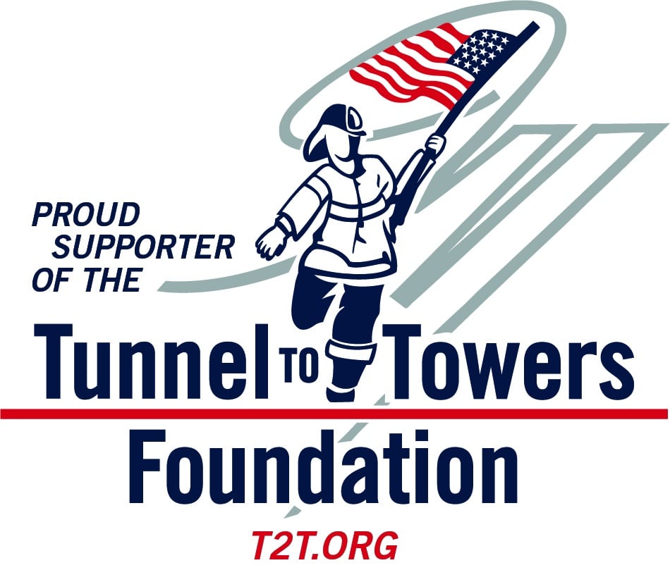 Proud supporter logo of the Tunnel to Towers Foundation featuring a firefighter holding an American flag, symbolizing community involvement and support initiatives by Basement Repair Specialists.