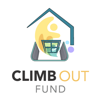 Climb Out Fund logo featuring a house silhouette, a person, and a window, representing community support and safety initiatives by Basement Repair Specialists in Wisconsin.