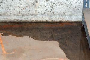 Damp basement floor with visible water pooling, indicating moisture issues and the need for waterproofing solutions.