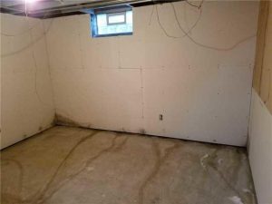 Basement interior showing damp concrete floor and water stains on walls, illustrating the need for waterproofing to prevent water damage and maintain structural integrity.