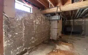 Basement with visible cracks in the wall, dampness on the floor, and exposed structural elements, highlighting issues related to waterproofing and potential structural damage.