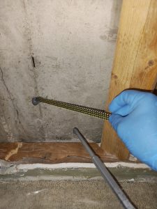 Hand wearing blue glove inspecting wall crack with foundation repair tool, highlighting structural issues in basement inspection process.