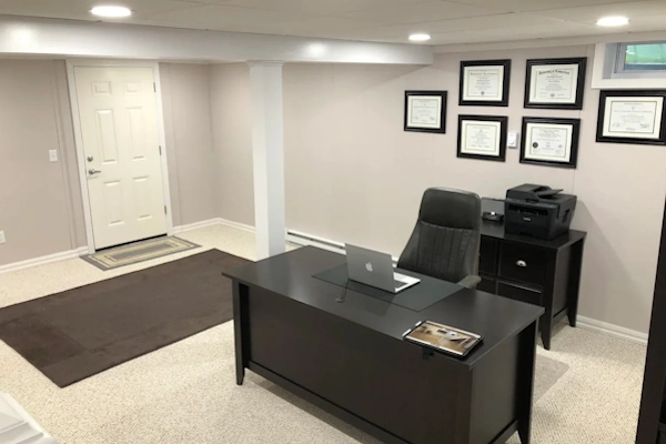 Modern home office in a quiet basement