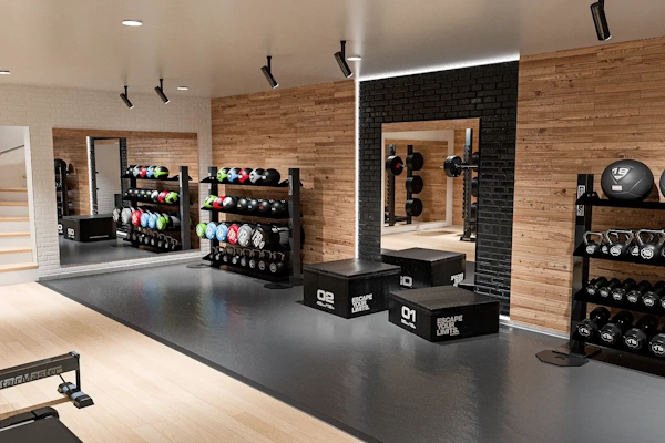 Home fitness room with gym equipment